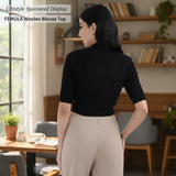 FEMULA V-Neck, Half Sleeves, Solid Color, Woolen Ready to Wear Blouse ( Black )