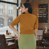 FEMULA V-Neck, Half Sleeves, Solid Color, Woolen Ready to Wear Blouse ( Mustard Brown )