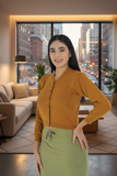 FEMULA V- Neck Women Full Sleeves Stitched Ready to Wear Woolen Blouse ( Mustard Brown )