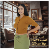 FEMULA V-Neck, Half Sleeves, Solid Color, Woolen Ready to Wear Blouse ( Mustard Brown )