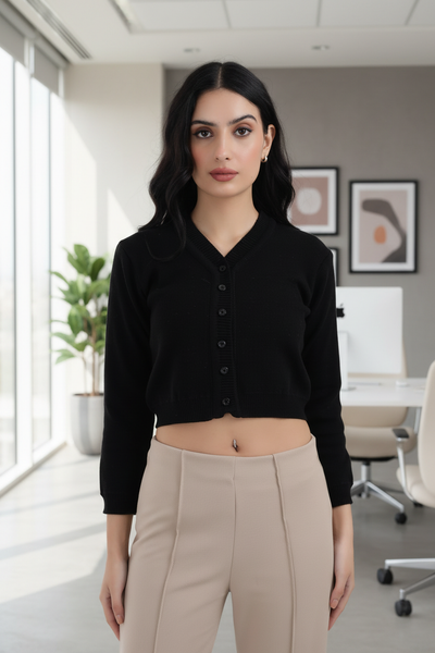 FEMULA V- Neck Women Full Sleeves Stitched Ready to Wear Woolen Blouse ( Black )