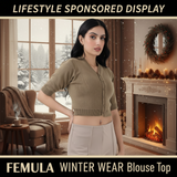 FEMULA V-Neck, Half Sleeves, Solid Color, Woolen Ready to Wear Blouse ( Mouse Brown )
