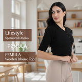 FEMULA V-Neck, Half Sleeves, Solid Color, Woolen Ready to Wear Blouse ( Black )
