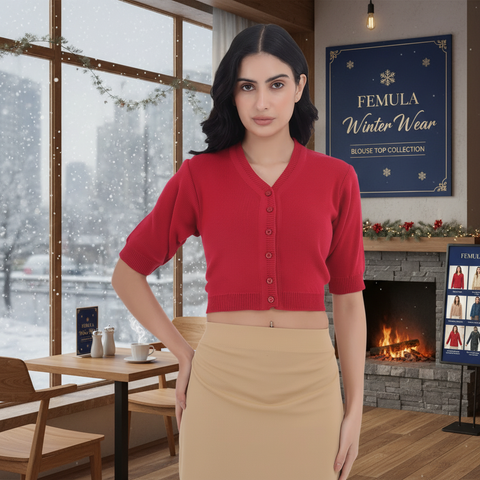FEMULA V-Neck, Half Sleeves, Solid Color, Woolen Ready to Wear Blouse ( Pink Red )