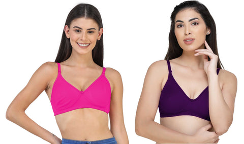 FEMULA Archie a Low Impact Non-Padded, Non-Wired, Demi Coverage, Moulded Cups, Fine Quality Hosiery Cotton Bra  ( 1Pc each of Magenta & Purple Colour )