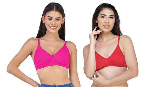 FEMULA Archie a Low Impact Non-Padded, Non-Wired, Demi Coverage, Moulded Cups, Fine Quality Hosiery Cotton Bra  ( 1Pc each of Magenta & Red Colour )