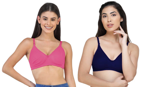 FEMULA Archie a Low Impact Non-Padded, Non-Wired, Demi Coverage, Moulded Cups, Fine Quality Hosiery Cotton Bra  ( 1Pc each of FuchsiaPink & NevyBlue Colour )