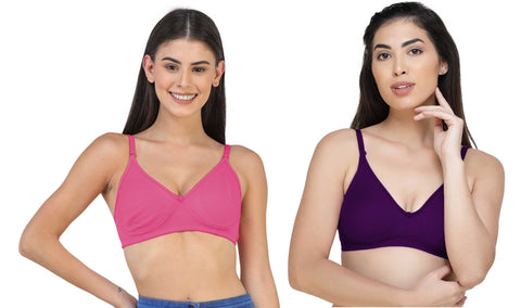 FEMULA Archie a Low Impact Non-Padded, Non-Wired, Demi Coverage, Moulded Cups, Fine Quality Hosiery Cotton Bra  ( 1Pc each of FuchsiaPink & Purple Colour )