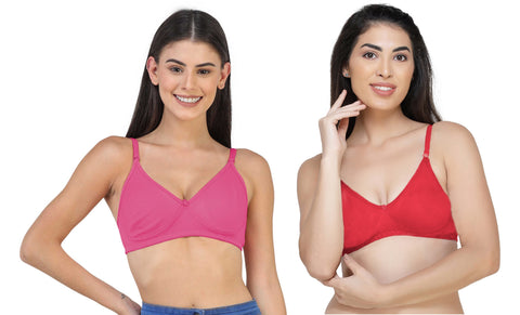 FEMULA Archie a Low Impact Non-Padded, Non-Wired, Demi Coverage, Moulded Cups, Fine Quality Hosiery Cotton Bra  ( 1Pc each of BabyPink & Red Colour )