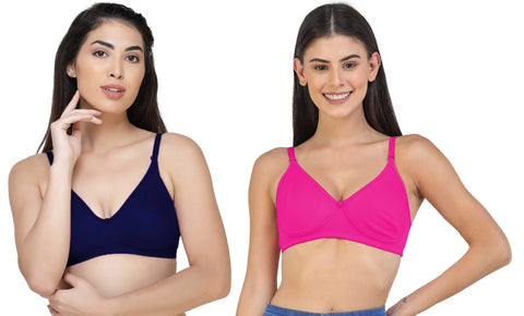 FEMULA Archie a Low Impact Non-Padded, Non-Wired, Demi Coverage, Moulded Cups, Fine Quality Hosiery Cotton Bra  ( 1Pc each of Magenta & NevyBlue Colour )