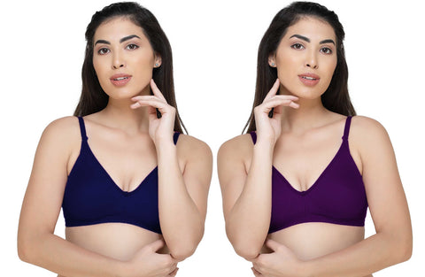 FEMULA Archie a Low Impact Non-Padded, Non-Wired, Demi Coverage, Moulded Cups, Fine Quality Hosiery Cotton Bra  ( 1Pc each of NevyBlue & Purple Colour )