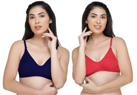 FEMULA Archie a Low Impact Non-Padded, Non-Wired, Demi Coverage, Moulded Cups, Fine Quality Hosiery Cotton Bra  ( 1Pc each of NevyBlue & Red Colour )