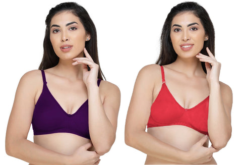 FEMULA Archie a Low Impact Non-Padded, Non-Wired, Demi Coverage, Moulded Cups, Fine Quality Hosiery Cotton Bra  ( 1Pc each of Purple & Red Colour )