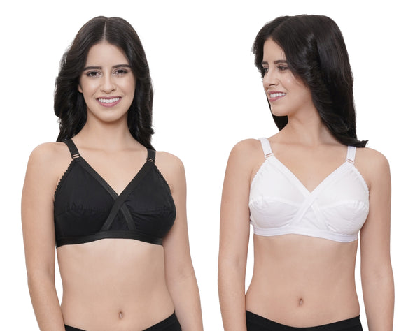 FEMULA Wide Strap Crossbust Non Padded, Full Coverage, Regular Wear Cotton Bra  ( 1Pc Each of White & Black Colour )