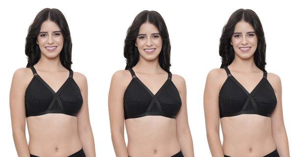 FEMULA Wide Strap Crossbust Non Padded, Full Coverage, Regular Wear Cotton Bra  ( 3Pcs Black Colour )