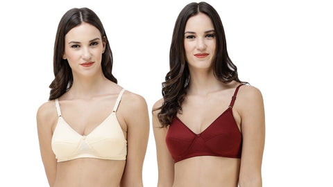 FEMULA Monika T-Shirt Lightly Padded Bra for Women & Girls ( Pack of 2Pcs, 1 Each of  Maroon & Ivory Colour )