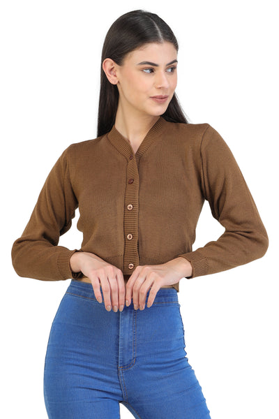 FEMULA V- Neck Women Full Sleeves Stitched Ready to Wear Woolen Blouse (Mouse Brown)