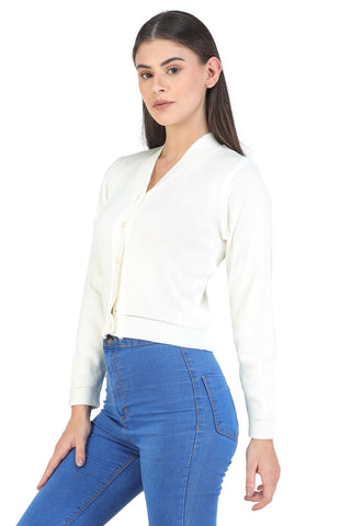 FEMULA V- Neck Women Full Sleeves Stitched Ready to Wear Woolen Blouse (White)