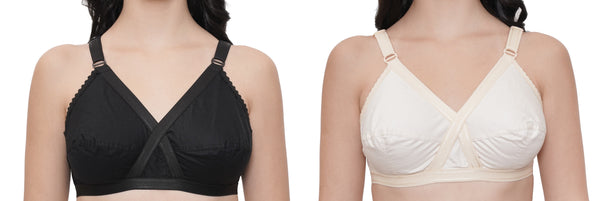 FEMULA Netbust Non Padded, Full Coverage, Regular Wear Cotton Bra for Girls and Women 2Pc ( Black & Beige Colour )