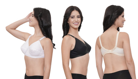 FEMULA Wide Strap Crossbust Non Padded Full Coverage Regular Wear Cotton Bra Combo Pack ( 1 Pc Each of White, Beige & Black Colour for Girls and Women )
