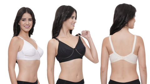 FEMULA Netbust Non Padded, Full Coverage, Regular Wear Cotton Bra 3 Colour Combo Pack For Girls and Women ( 1Pc Each of White & Black Colour )