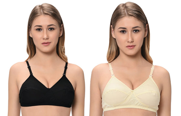 FEMULA Macho Women / Girls Cotton Full Coverage Non Padded Wirefree Everyday Use Regular Strap Bra ( Pack of 1 Pc each Black & Skin )