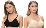 FEMULA Macho Women / Girls Cotton Full Coverage Non Padded Wirefree Everyday Use Regular Strap Bra ( Pack of 1 Pc each Black & Skin )