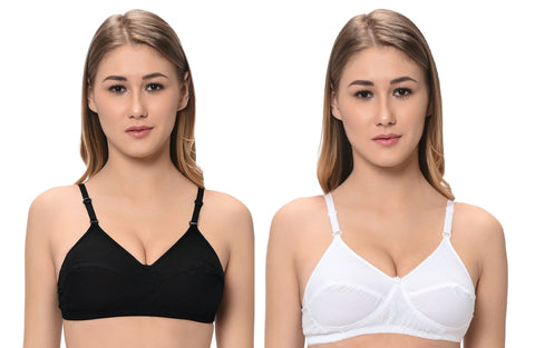 FEMULA Macho Women / Girls Cotton Full Coverage Non Padded Wirefree Everyday Use Regular Strap Bra ( Pack of 1 Pc each Black & White )