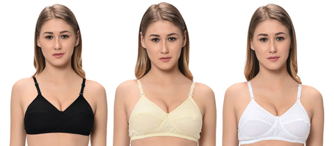 FEMULA Macho Women / Girls Cotton Full Coverage Non Padded Wirefree Everyday Use Regular Strap Bra ( 1Pc Each of White, Skin & Black Colour )