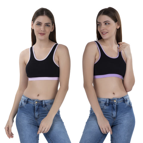 FEMULA MITHALI Stretch Cotton Black Sports Vest Gym Bra Combo Pack of 2 Pc for Girls & Women (Light Colour Lining) BabyPink Lavender