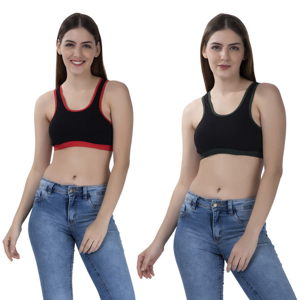 FEMULA MITHALI Stretch Cotton Black Sports Vest Gym Bra Combo Pack of 2 Pc for Girls & Women (Dark Colour Lining) BrightRed OliveGreen