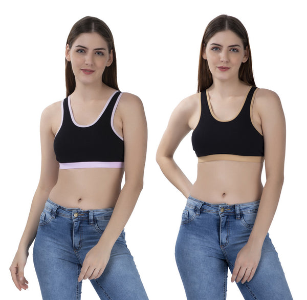 FEMULA MITHALI Stretch Cotton Black Sports Vest Gym Bra Combo Pack of 2 Pc for Girls & Women (Light Colour Lining) Kahakhi BabyPink