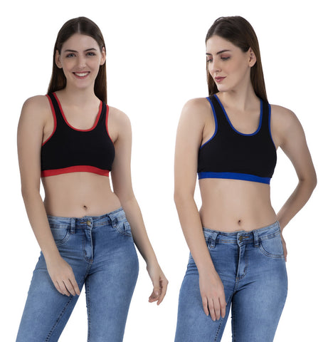 FEMULA MITHALI Stretch Cotton Black Sports Vest Gym Bra Combo Pack of 2 Pc for Girls & Women (Dark Colour Lining) RoyalBlue BrightRed