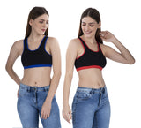 FEMULA MITHALI Stretch Cotton Black Sports Vest Gym Bra Combo Pack of 2 Pc for Girls & Women (Dark Colour Lining) RoyalBlue BrightRed