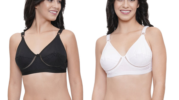 FEMULA Netbust Non Padded, Full Coverage, Regular Wear Cotton Bra for Girls and Women 2Pc ( Black & White Colour )