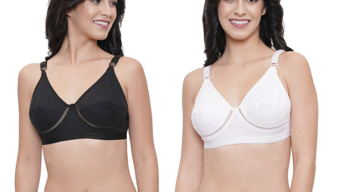 FEMULA Netbust Non Padded, Full Coverage, Regular Wear Cotton Bra for Girls and Women 2Pc ( Black & White Colour )
