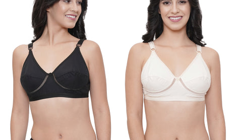 FEMULA Netbust Non Padded, Full Coverage, Regular Wear Cotton Bra for Girls and Women 2Pc ( Black & Beige Colour )