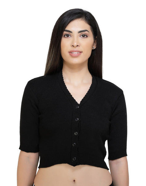 FEMULA V-Neck, Half Sleeves, Solid Color, Woolen Ready to Wear Blouse ( Black )