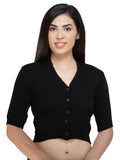 FEMULA V-Neck, Half Sleeves, Solid Color, Woolen Ready to Wear Blouse ( Black )