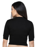 FEMULA V-Neck, Half Sleeves, Solid Color, Woolen Ready to Wear Blouse ( Black )