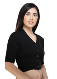 FEMULA V-Neck, Half Sleeves, Solid Color, Woolen Ready to Wear Blouse ( Black )