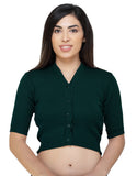 FEMULA V-Neck, Half Sleeves, Solid Color, Woolen Ready to Wear Blouse ( Bottle Green )