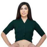 FEMULA V-Neck, Half Sleeves, Solid Color, Woolen Ready to Wear Blouse ( Bottle Green )