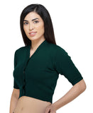 FEMULA V-Neck, Half Sleeves, Solid Color, Woolen Ready to Wear Blouse ( Bottle Green )