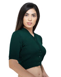 FEMULA V-Neck, Half Sleeves, Solid Color, Woolen Ready to Wear Blouse ( Bottle Green )