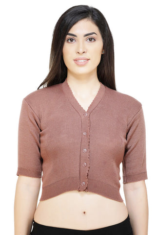 FEMULA V-Neck, Half Sleeves, Solid Color, Woolen Ready to Wear Blouse ( Coffee Brown )