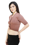 FEMULA V-Neck, Half Sleeves, Solid Color, Woolen Ready to Wear Blouse ( Coffee Brown )