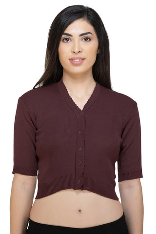 FEMULA V-Neck, Half Sleeves, Solid Color, Woolen Ready to Wear Blouse ( Dark Brown )