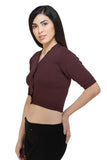 FEMULA V-Neck, Half Sleeves, Solid Color, Woolen Ready to Wear Blouse ( Dark Brown )