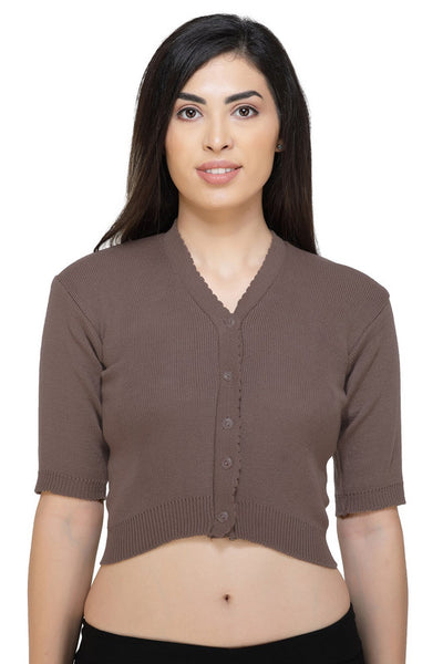 FEMULA V-Neck, Half Sleeves, Solid Color, Woolen Ready to Wear Blouse ( Mouse Brown )